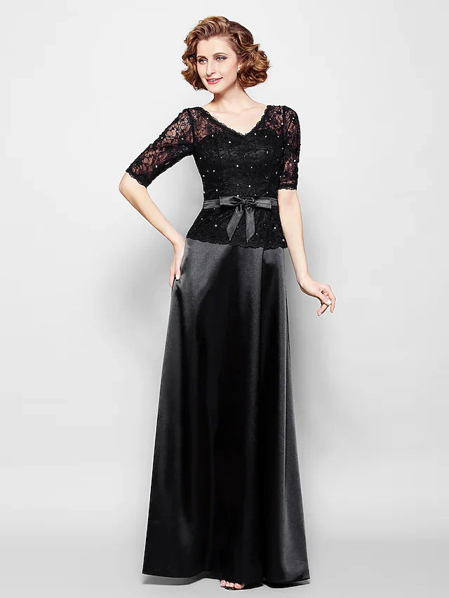 Wholesale Mother of the Bride Dress Elegant V Neck Floor Length Lace Stretch Satin Half Sleeve with Lace Sash Ribbon Bow(s)